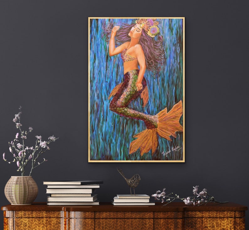 Mermaid painting, original art, living room decor, mermaid decor, kids room decor, wall art, wall decor, luxury decor, ocean art, affordable image 1