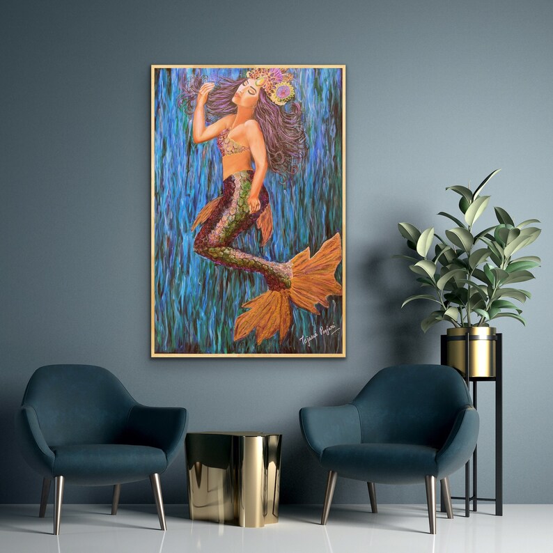 Mermaid painting, original art, living room decor, mermaid decor, kids room decor, wall art, wall decor, luxury decor, ocean art, affordable image 9