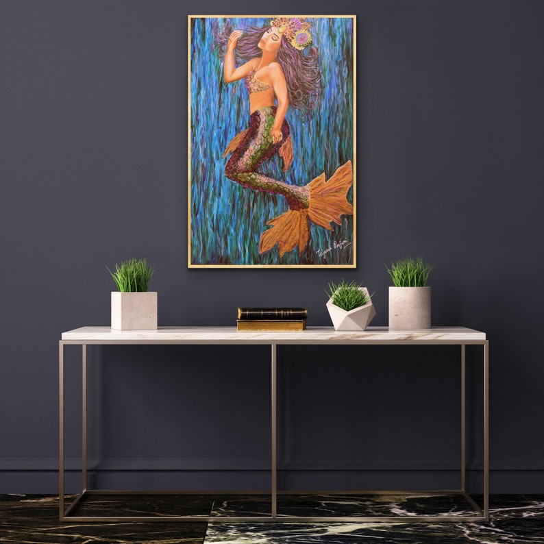 Mermaid painting, original art, living room decor, mermaid decor, kids room decor, wall art, wall decor, luxury decor, ocean art, affordable image 10