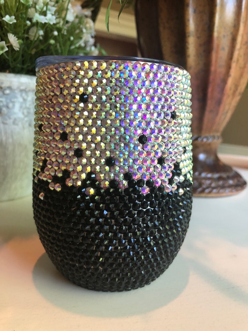 Black Crystal Rhinestone 12 oz Stainless Steel Wine Tumbler Etsy