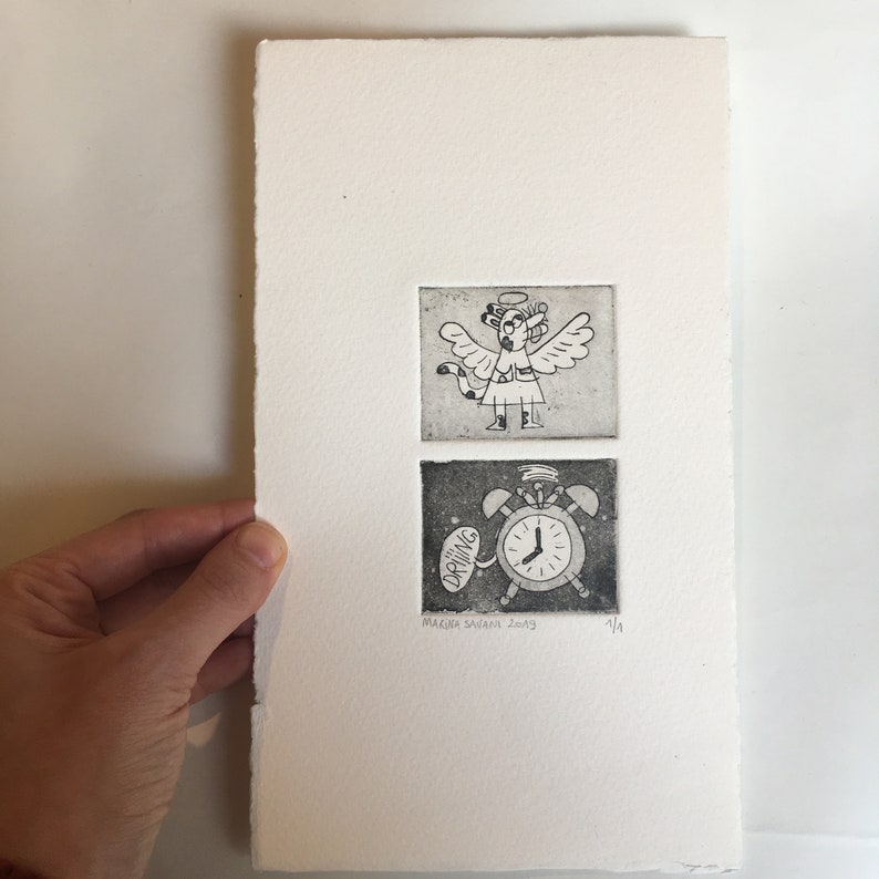 Calaveras Drawing Etchings Sweet Size Illustration Art Angel Dog and Awakening; Original Engraving Aquatinte