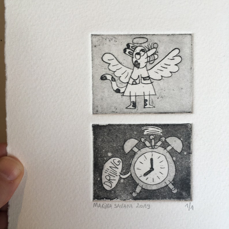 Calaveras Drawing Etchings Sweet Size Illustration Art Angel Dog and Awakening; Original Engraving Aquatinte