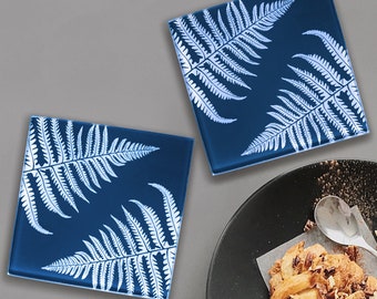 Fern print glass coasters, drinks mats with fern leaves design, dining room or kitchen accessories, gift for the home