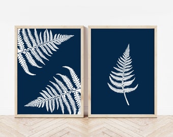 Set of 2 navy blue fern prints, botanical wall art, gallery wall set for bathroom decor, bedroom or kitchen, living room or office decor