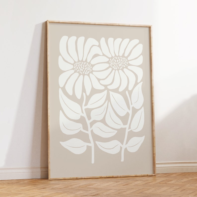 Neutral Sunflower Print, Retro Floral Wall Art, Beige Botanical Decor image 2