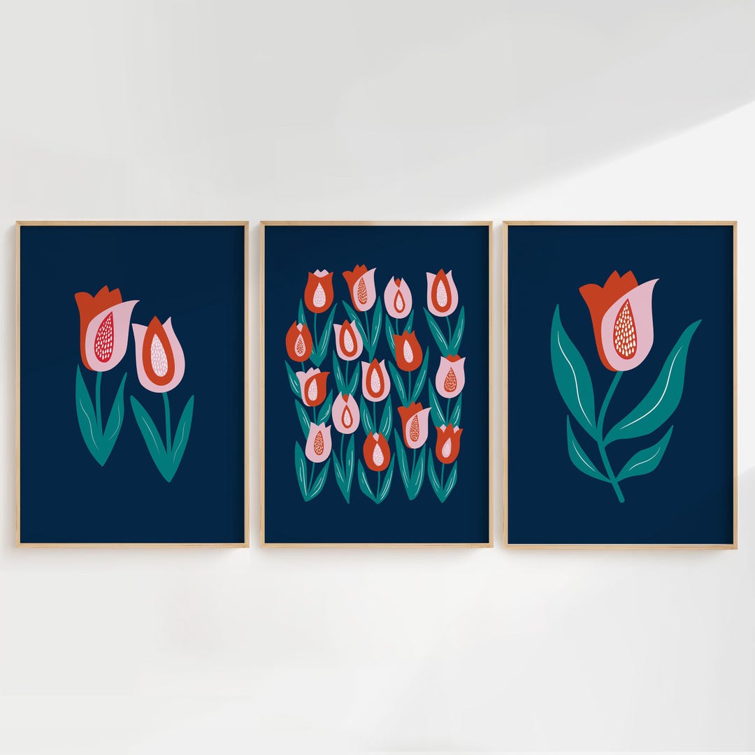 Tulip Print Set of 3, Modern Floral Wall Art, Navy Botanical Prints - Etsy