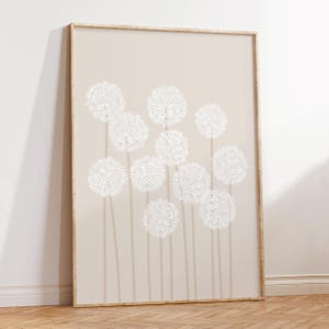 May include: A rectangular wall art print featuring a series of white dandelion seed heads illustrated in a delicate line style against a solid light beige background, all encased within a thin, light-toned wooden frame.