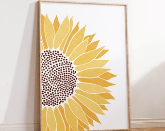 Floral sunflower wall art, yellow flower poster print, botanical art work, A5/A4/A3/A2/A1/5x7/8x10 sizes