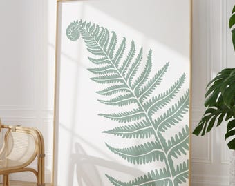Sage Green Fern Wall Art Print, Minimalist Botanical Wall Decor