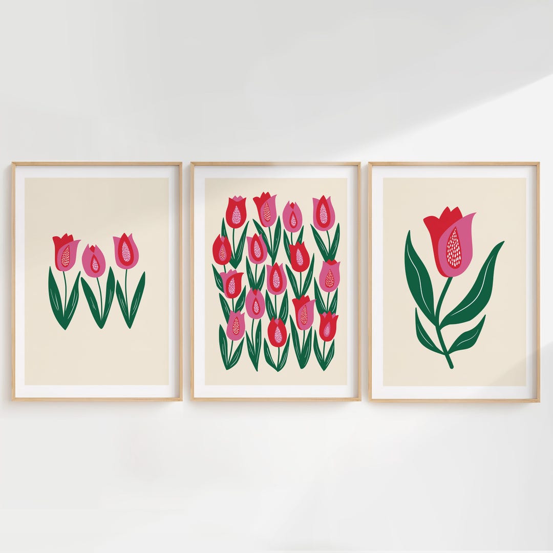 Set of 3 Pink Tulip Botanical Art Prints, Unframed Minimalist Floral ...