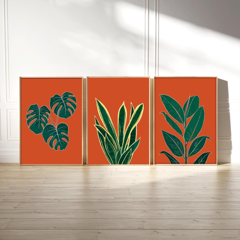 Rust orange botanical rubber plant print, wall art for bedroom, living room or office decor, A5, A4 or A3 boho gallery wall picture Set of 3 prints