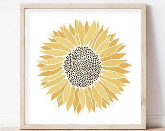 Square Sunflower Wall Art, Botanical Print, Yellow Floral Home Decor