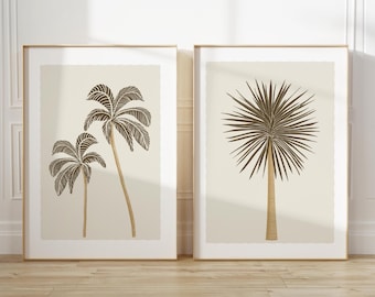Minimalist Palm Tree Wall Art Set of 2, Neutral Coastal Prints, Boho Tropical Decor