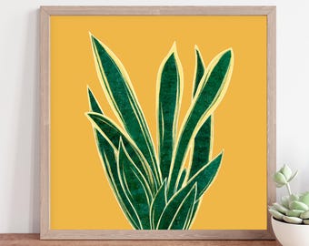 Snake Plant Wall Art Print, Botanical Leaf Poster, Mustard Yellow Decor