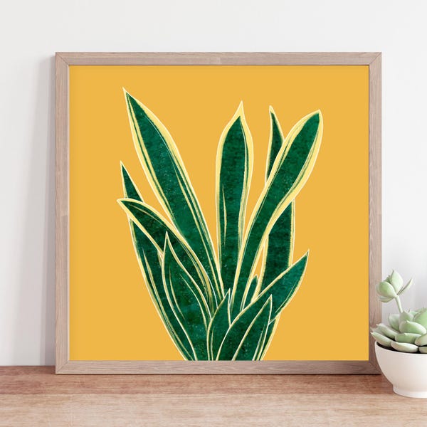 Lámina decorativa de planta de serpiente, póster botánico de hojas, decoración en amarillo mostaza.