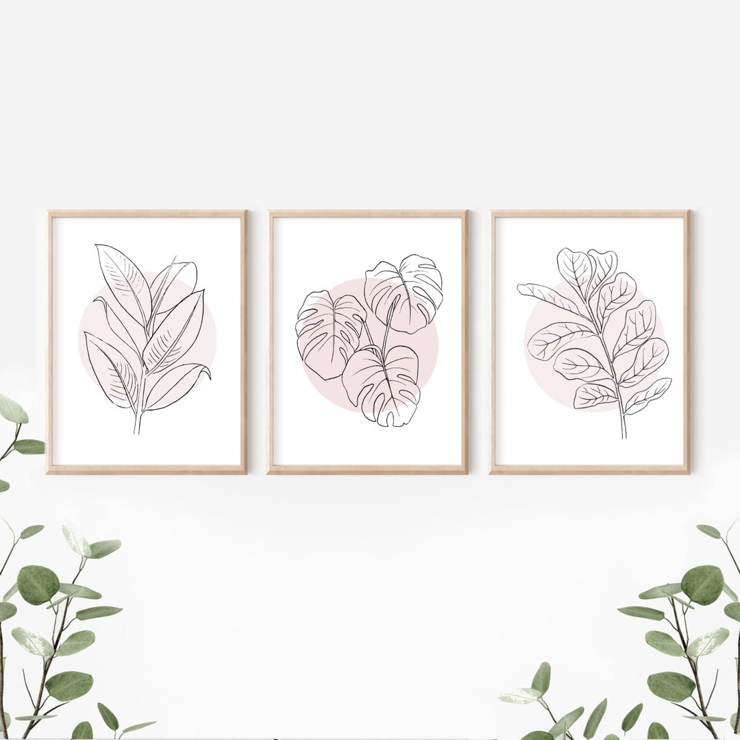 Botanical Line Art Set of 3, Blush Pink Minimalist Wall Art, Boho Home ...
