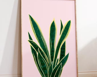 Impression d'art plante serpent, affiche botanique, rose poudré et vert
