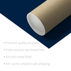 May include: A cylindrical cardboard shipping tube with a white interior rim, positioned diagonally over a dark blue surface. The text on the image reads: Premium quality art paper, Fade-resistant dye-based inks, Smooth matte finish, A4+ prints rolled for safe shipping.