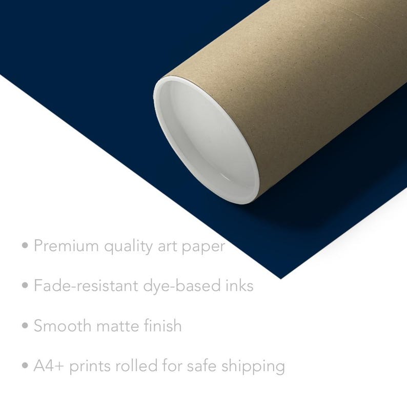 May include: A cylindrical cardboard shipping tube with a white interior rim, positioned diagonally over a dark blue surface. The text on the image reads: Premium quality art paper, Fade-resistant dye-based inks, Smooth matte finish, A4+ prints rolled for safe shipping.