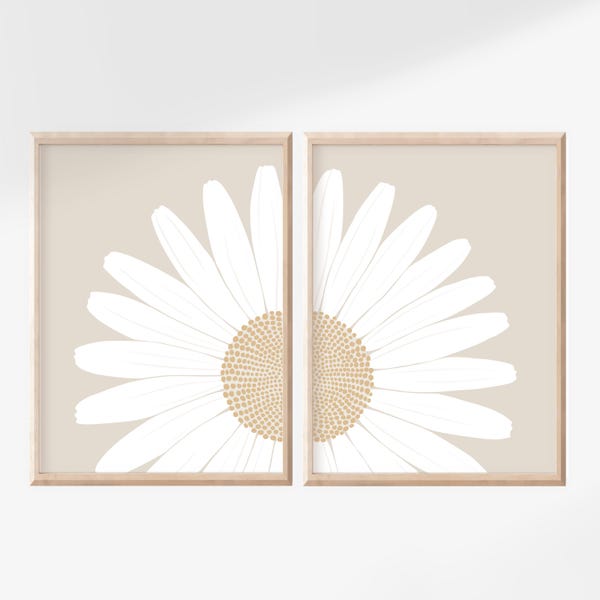 Gänseblümchen Print-Set, Beige Blumenwandkunst, Skandinavisches Dekor
