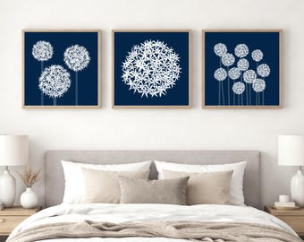 Navy Blue Allium Print Set of 3, Square Botanical Wall Art
