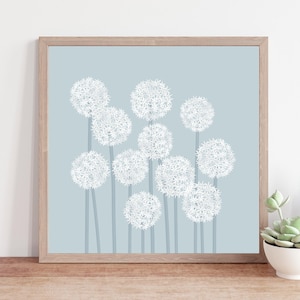 Blue allium print, minimalist floral wall art, botanical artwork for living room, bedroom, hallway or home office, square wall decor Multiple flowers
