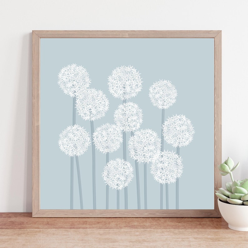 Blue allium print, minimalist floral wall art, botanical artwork for living room, bedroom, hallway or home office, square wall decor Multiple flowers