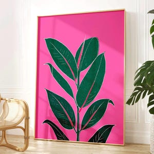 Impression de plante en caoutchouc botanique rose vif, art mural pour chambre à coucher, salon ou décoration de bureau, photo murale de galerie bohème A5, A4 ou A3