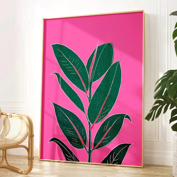 Stampa botanica rosa shocking, decorazione murale con pianta di gomma