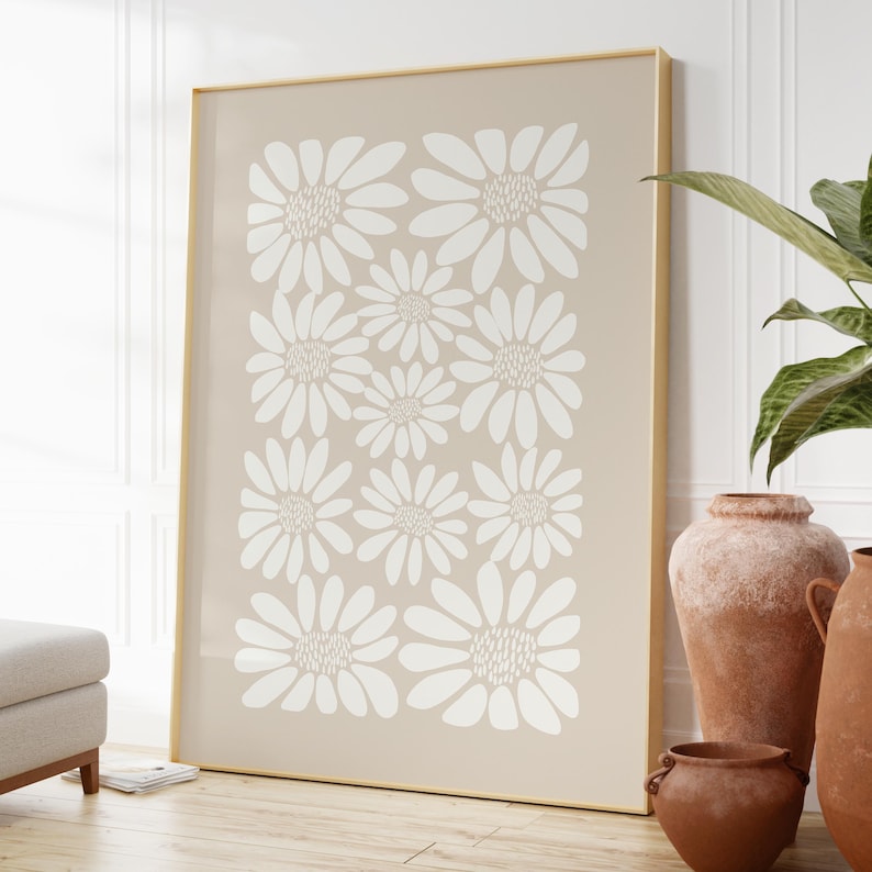 Neutral Sunflower Print, Retro Floral Wall Art, Beige Botanical Decor 11 flowers - 1 print
