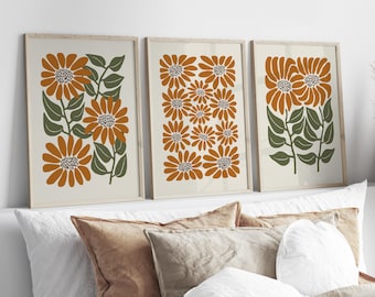 Retro Floral Wall Art Set of 3, Burnt Orange Botanical Prints, Boho Decor