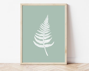 Minimalist fern leaf wall art, sage green home decor, botanical art print, plant leaf print, sage bathroom or kitchen wall decor