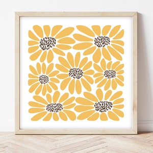 Retro sunflowers square wall art print, yellow floral pattern, colourful bedroom decor, abstract bathroom wall art, unframed square prints