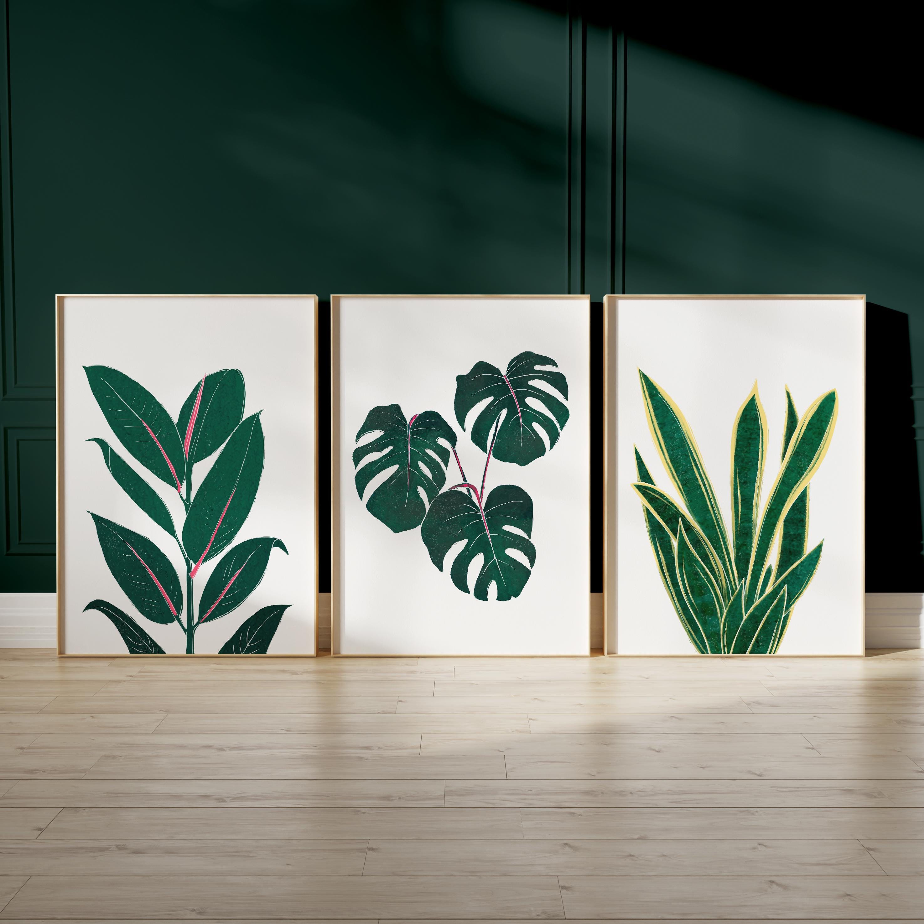 3 Piece Botanical Wall Art, Dark Green Leaf Print Set, Art Prints for ...