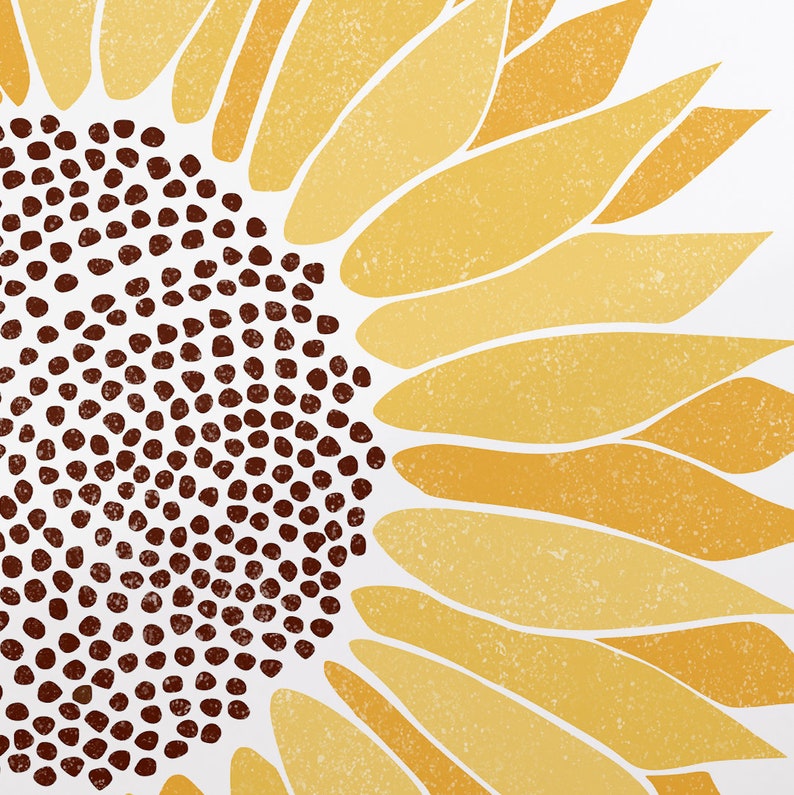 Puede incluir: Una ilustraci&oacute;n estilizada de un girasol con un centro marr&oacute;n y p&eacute;talos amarillos. Los p&eacute;talos son texturizados y tienen un aspecto descolorido.