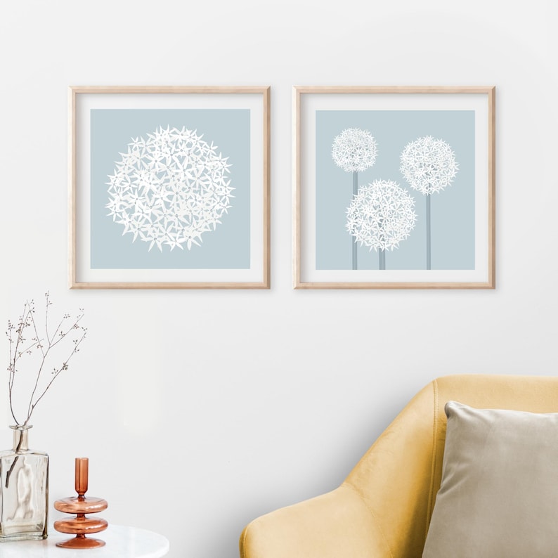 Blue allium print, minimalist floral wall art, botanical artwork for living room, bedroom, hallway or home office, square wall decor image 13