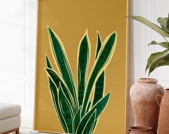 Ochre Yellow Snake Plant Print, Houseplant Wall Art