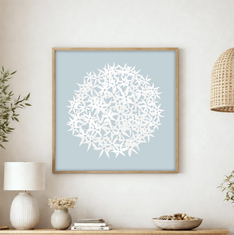 Blue allium print, minimalist floral wall art, botanical artwork for living room, bedroom, hallway or home office, square wall decor image 10