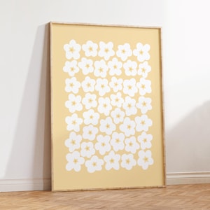 Arte mural con flores en flor para dormitorio de niña, guardería u oficina: estampado floral minimalista en tamaño A4, A3 y A2, decoración con margaritas en amarillo mantequilla.