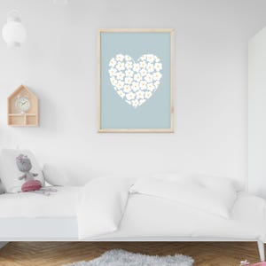 Daisy and Forget-Me-Not Floral Print Set, Pastel Blue Flower Decor Floral heart print