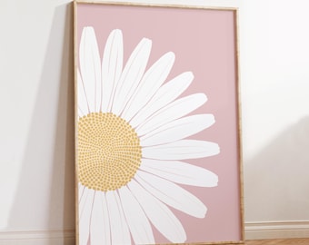 Pastel pink daisy wall art print, floral wall decor for bedroom or home office