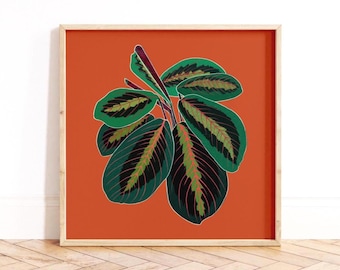 Cuadro cuadrado de color naranja quemado con estampado botánico de la planta de la oración.