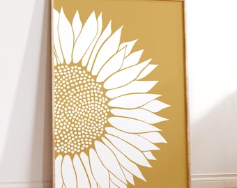 Ochre Sunflower Wall Art, Yellow Floral Print, Modern Botanical Decor