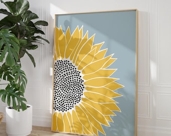 Sunflower Art Print, Boho Floral Illustration on Pastel Blue