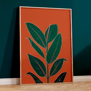 Rust orange botanical rubber plant print, wall art for bedroom, living room or office decor, A5, A4 or A3 boho gallery wall picture image 7