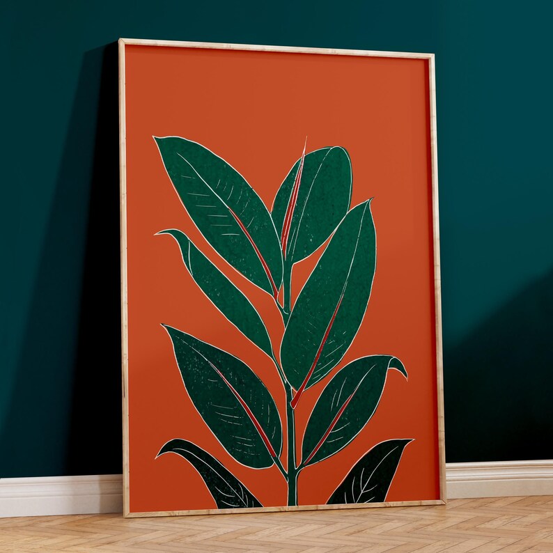 Rust orange botanical rubber plant print, wall art for bedroom, living room or office decor, A5, A4 or A3 boho gallery wall picture image 7