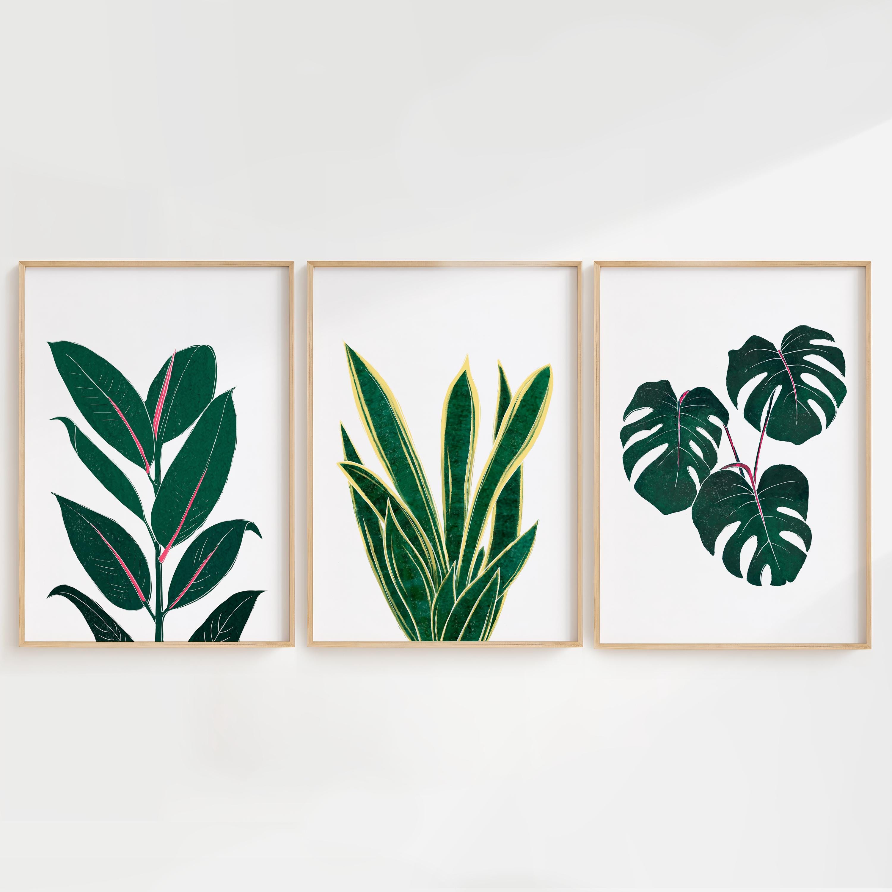 3 Piece Botanical Wall Art, Dark Green Leaf Print Set, Art Prints for ...