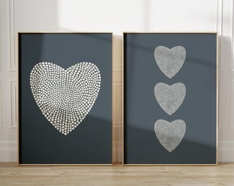 Navy Blue Heart Print Set, Abstract Dot Wall Art, Minimalist Home Decor