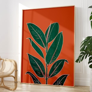 Rust orange botanical rubber plant print, wall art for bedroom, living room or office decor, A5, A4 or A3 boho gallery wall picture Rubber plant print