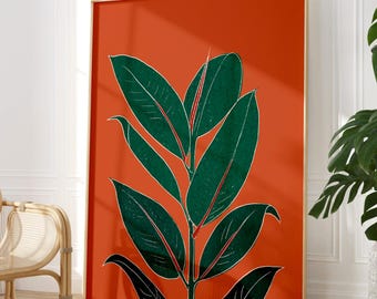 May include: A rectangular wall art print featuring a stylized illustration of a plant with dark green leaves and thin red veins set against a solid burnt orange background, enclosed within a thin light-colored wooden frame.